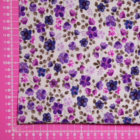 Jersey bawełniany GOTS fioletowe kwiaty na bieli