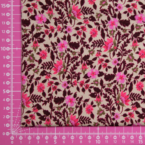 Dresówka pętelka bawełniana różowe kwiaty na beżu