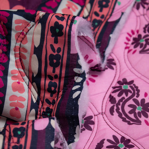 Tkanina pikowana dwustronna kwiaty róż i oberżyna