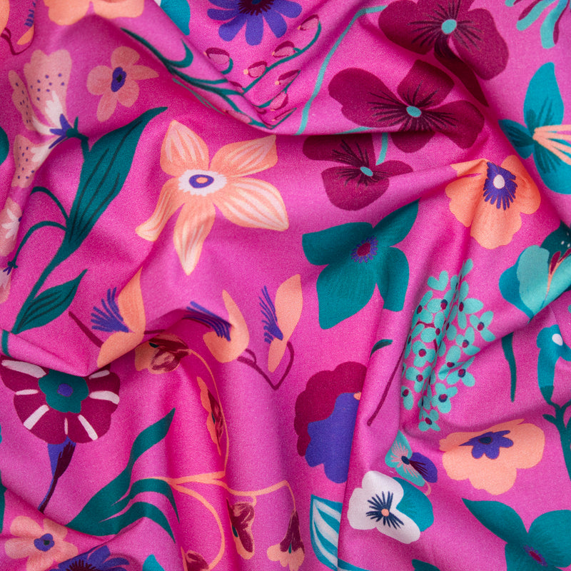 Bawełna letnia graficzna łąka na różu