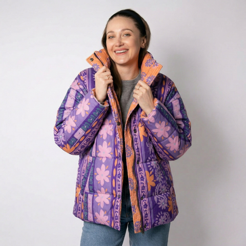 Tkanina pikowana dwustronna kwiaty pomarańcz i odcienie fioletu