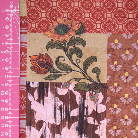 Bawełna satynowa patchwork kwiaty i ornamenty w odcienach czerwieni
