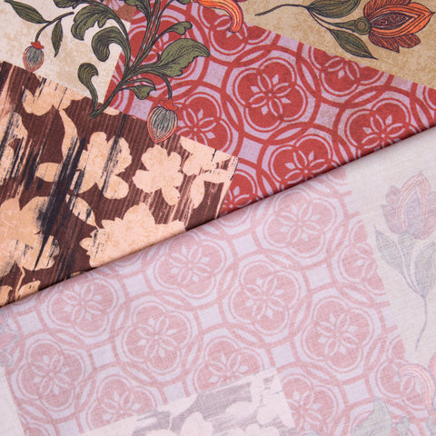 Bawełna satynowa patchwork kwiaty i ornamenty w odcienach czerwieni