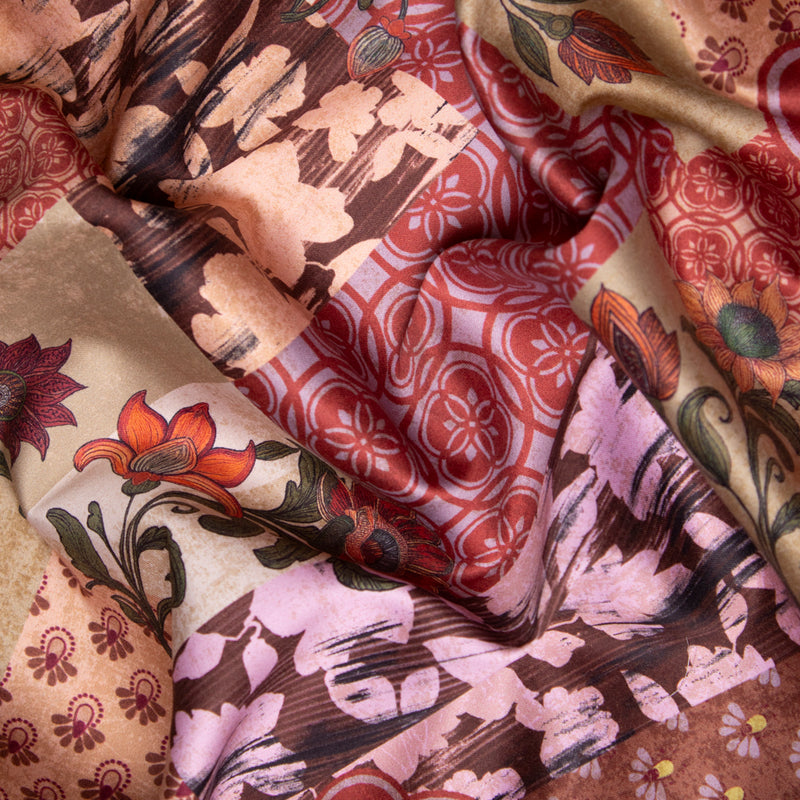 Bawełna satynowa patchwork kwiaty i ornamenty w odcienach czerwieni