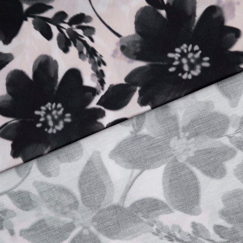 Bawełna z wiskozą czarne kwiaty na beżu