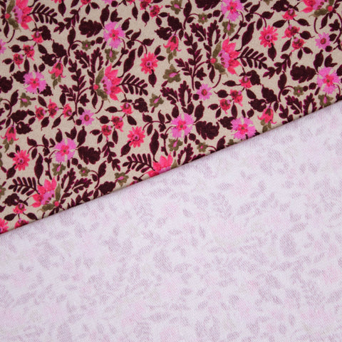 Dresówka pętelka bawełniana różowe kwiaty na beżu