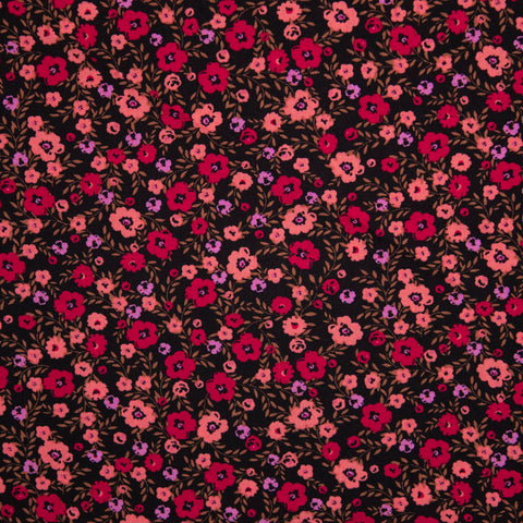 Wiskoza pomarańczowo-czerwone drobne kwiaty na czerni