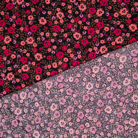 Wiskoza pomarańczowo-czerwone drobne kwiaty na czerni