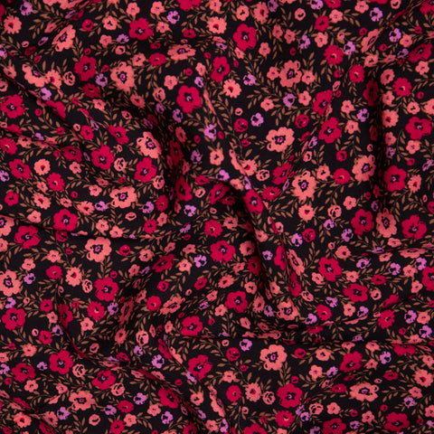 Wiskoza pomarańczowo-czerwone drobne kwiaty na czerni