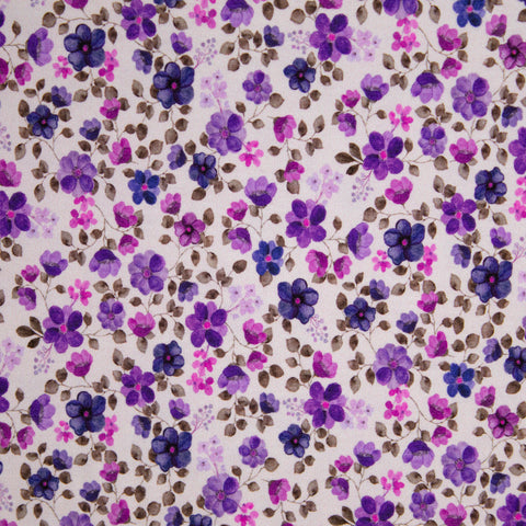 Jersey bawełniany GOTS fioletowe kwiaty na bieli