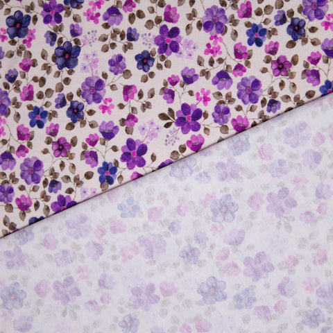Jersey bawełniany GOTS fioletowe kwiaty na bieli