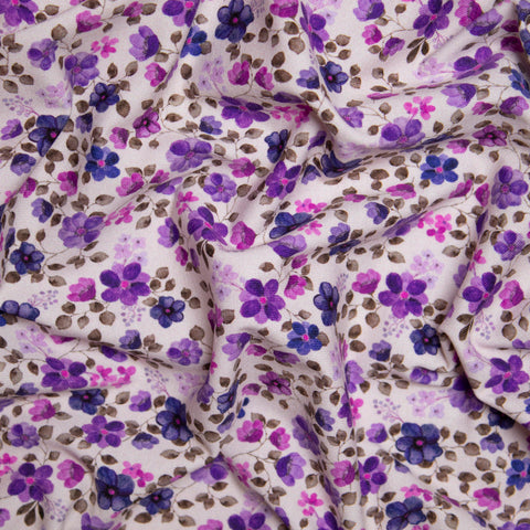 Jersey bawełniany GOTS fioletowe kwiaty na bieli