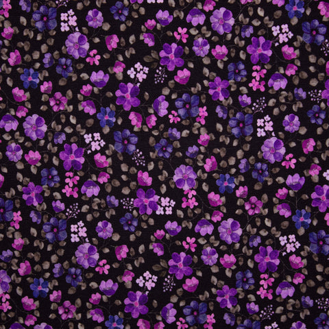 Jersey bawełniany GOTS fioletowe kwiaty na czerni