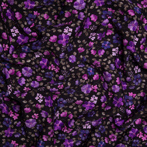 Jersey bawełniany GOTS fioletowe kwiaty na czerni