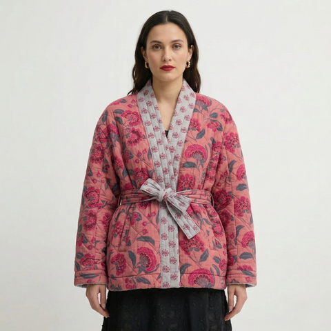 Tkanina pikowana dwustronna kwiaty na zgaszonym różu i zgaszonej szałwii