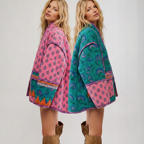 Tkanina pikowana dwustronna kwiaty na turkusie i różu