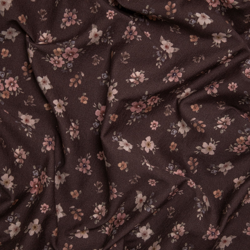 Jersey bawełniany delikatne kwiaty na brązowym