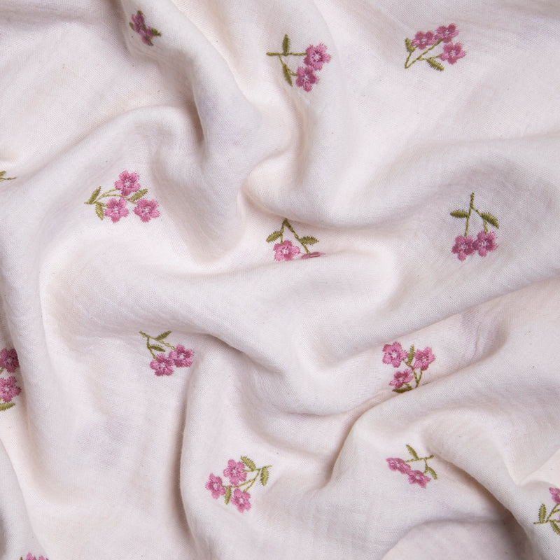 Muślin bawełniany haftowane kwiaty złamanej bieli