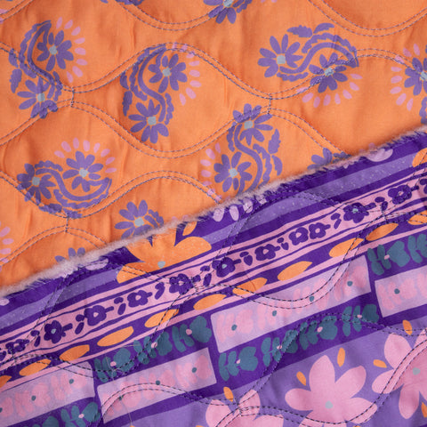 Tkanina pikowana dwustronna kwiaty pomarańcz i odcienie fioletu