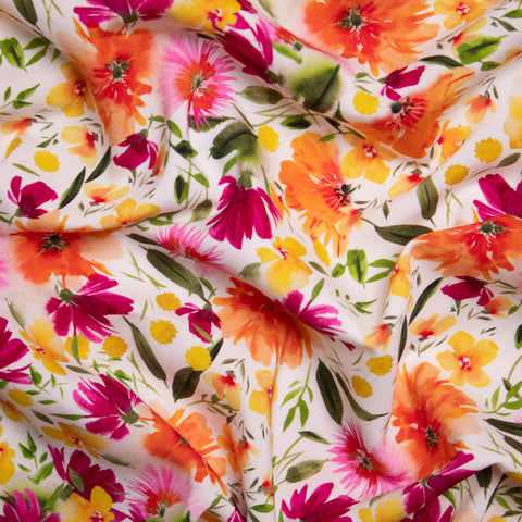 Wiskoza elastyczna akwarelowa łąka w ciepłych odcieniach